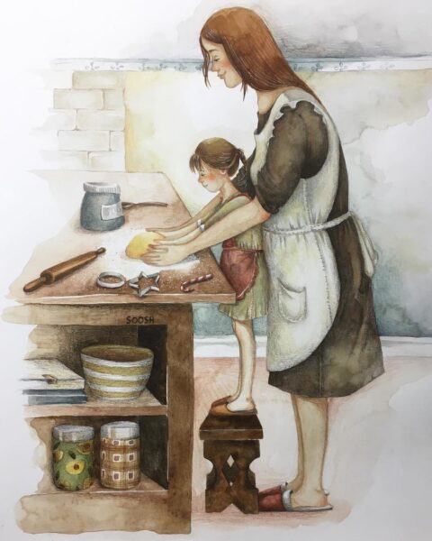 Tranh vẽ mẹ và con gái cùng làm bếp