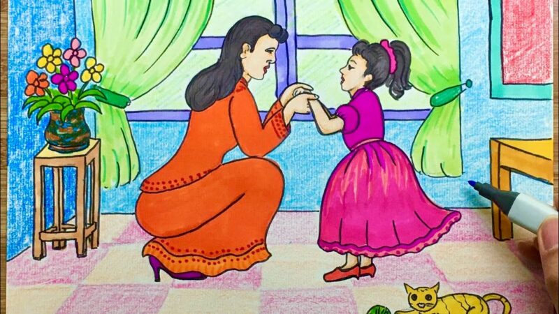 Tranh vẽ mẹ và con gái nắm tay