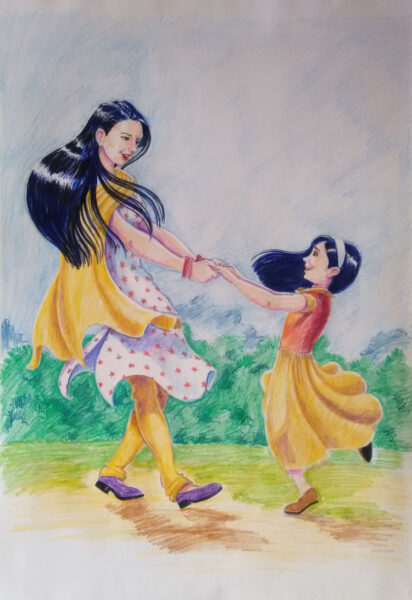 Tranh vẽ mẹ và con gái vui đùa bên nhau