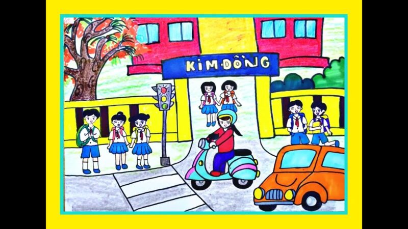 Tranh vẽ cổng trường nhộn nhịp tại trường Kim Đồng