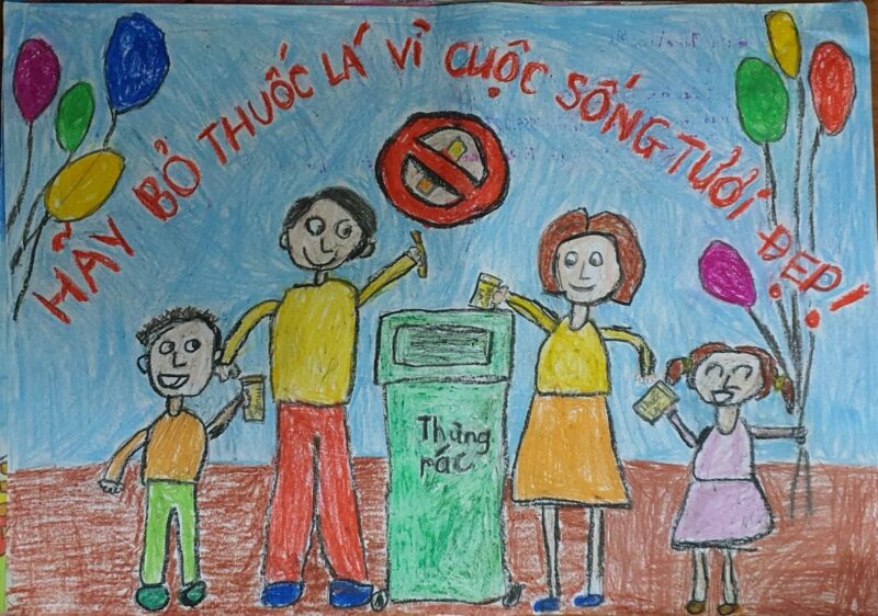 Vẽ tranh cấm hút thuốc lá bỏ thuốc lá vào thùng rác