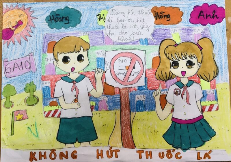 Vẽ tranh cấm hút thuốc lá cùng bé gái tuyên truyền