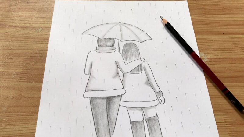 Vẽ tranh đen trắng cặp đôi che ô