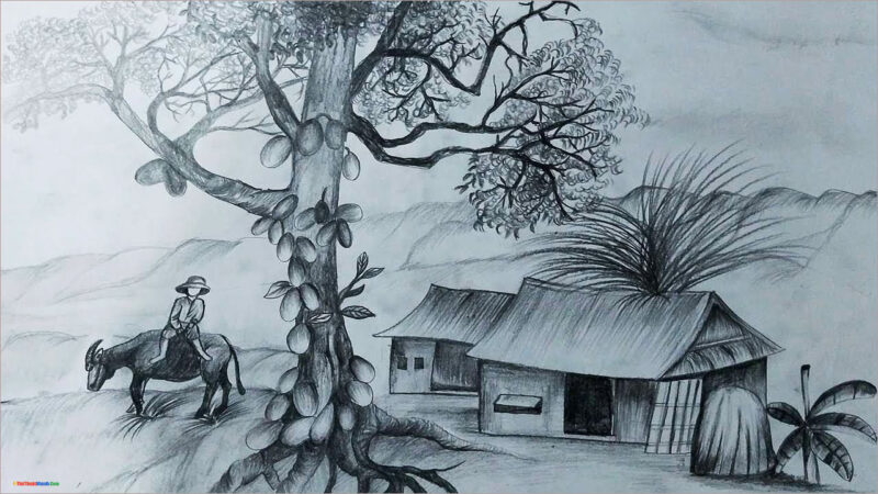 Vẽ tranh đen trắng phong cảnh làng quê