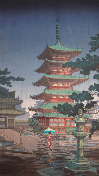 Tranh Nhật Bản ngôi chùa lẩn sau những ngọn cây