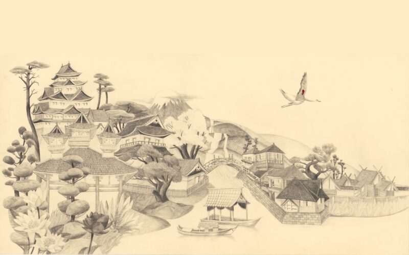Tranh Nhật Bản phong cảnh xưa được vẽ bằng bút chì