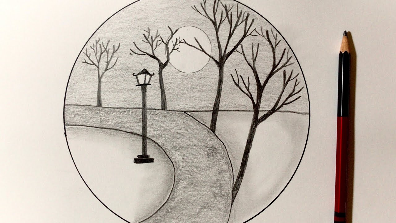 Hướng dẫn vẽ tranh phong cảnh bằng bút chì trong hình tròn  how to draw  easy scenery for beginer  Tilado