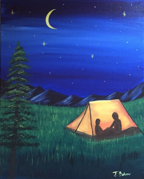 Vẽ tranh lều trại cắm trại ban đêm