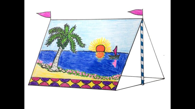 Vẽ tranh lều trại hoạ tiết cảnh biển khơi