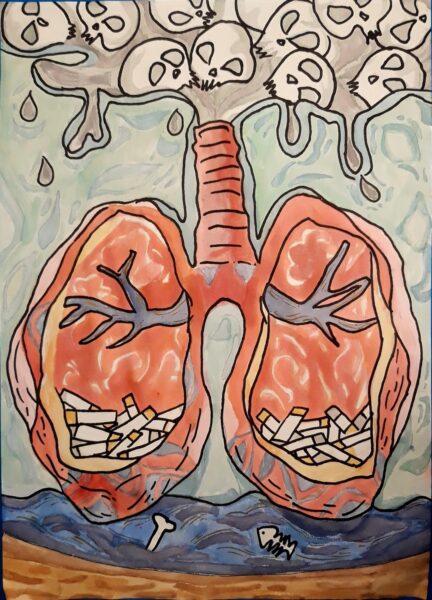 Vẽ tranh phòng chống thuốc lá về hai lá phổi đựng thuốc lá