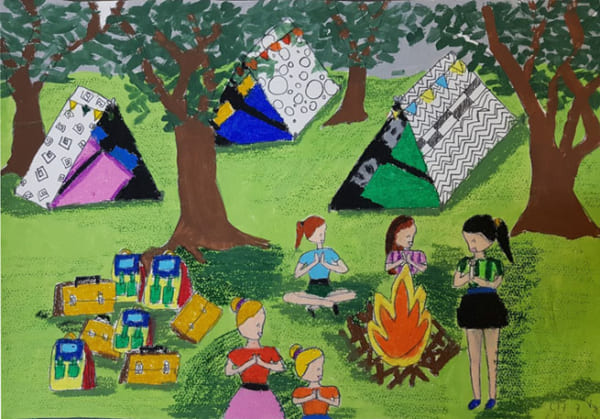 tranh vẽ lều trại các em học sinh đi cắm trại
